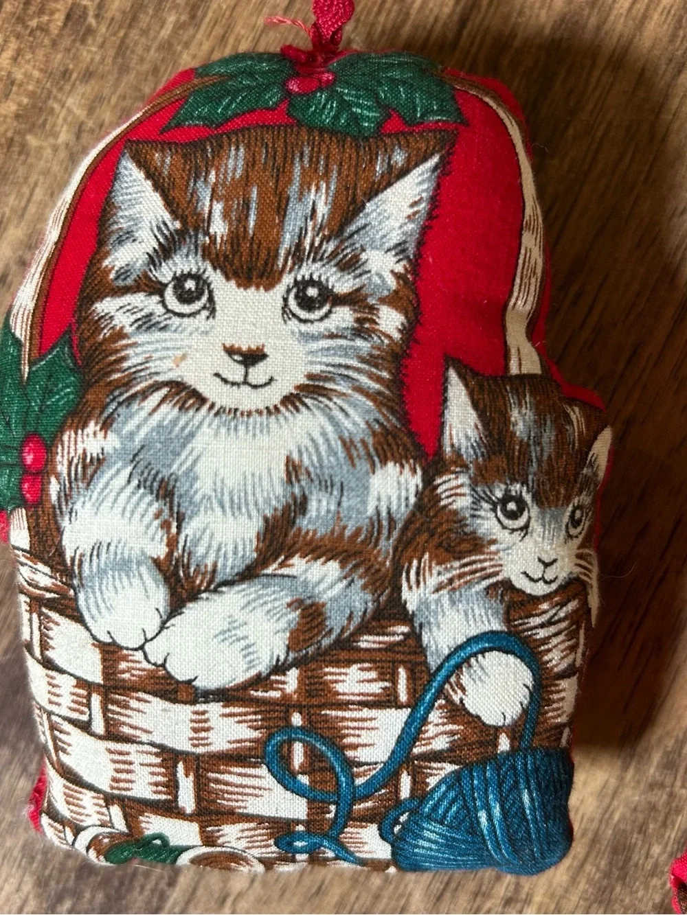 Vtg 80s Lot of 2 Cat Stuffed Fabric Christmas Ornaments Kitten Kitsch Handmade